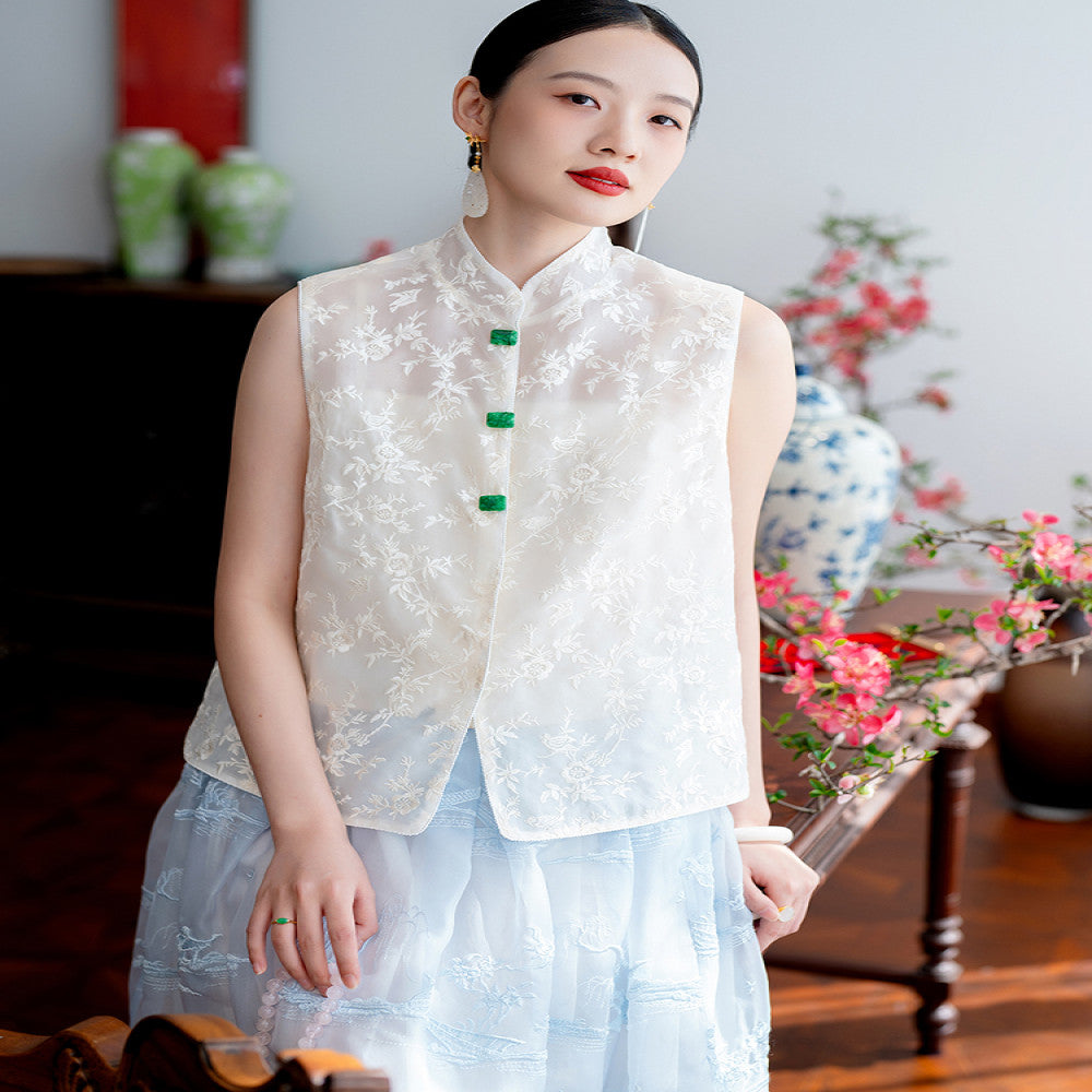 2025 New Product CPP1509 Silk Organza Embroidered Vest New Chinese Retro Round Neck Fairy Vest Spring and Summer image 3