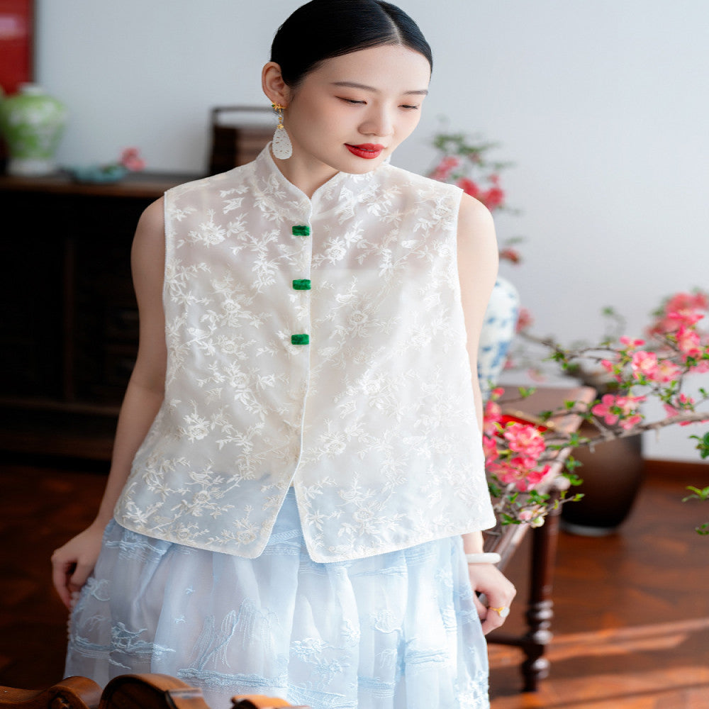 2025 New Product CPP1509 Silk Organza Embroidered Vest New Chinese Retro Round Neck Fairy Vest Spring and Summer image 4