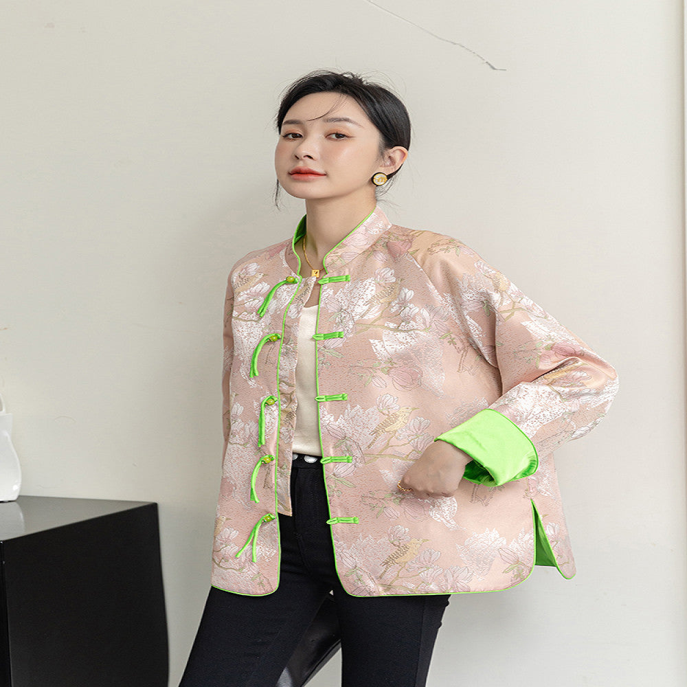 Pink retro jacquard woven satin top for women s autumn new design sense tassel buckle new Chinese style jacket Tang style trendy image 3