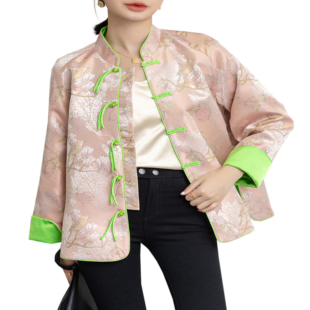 Pink retro jacquard woven satin top for women s autumn new design sense tassel buckle new Chinese style jacket Tang style trendy image 5