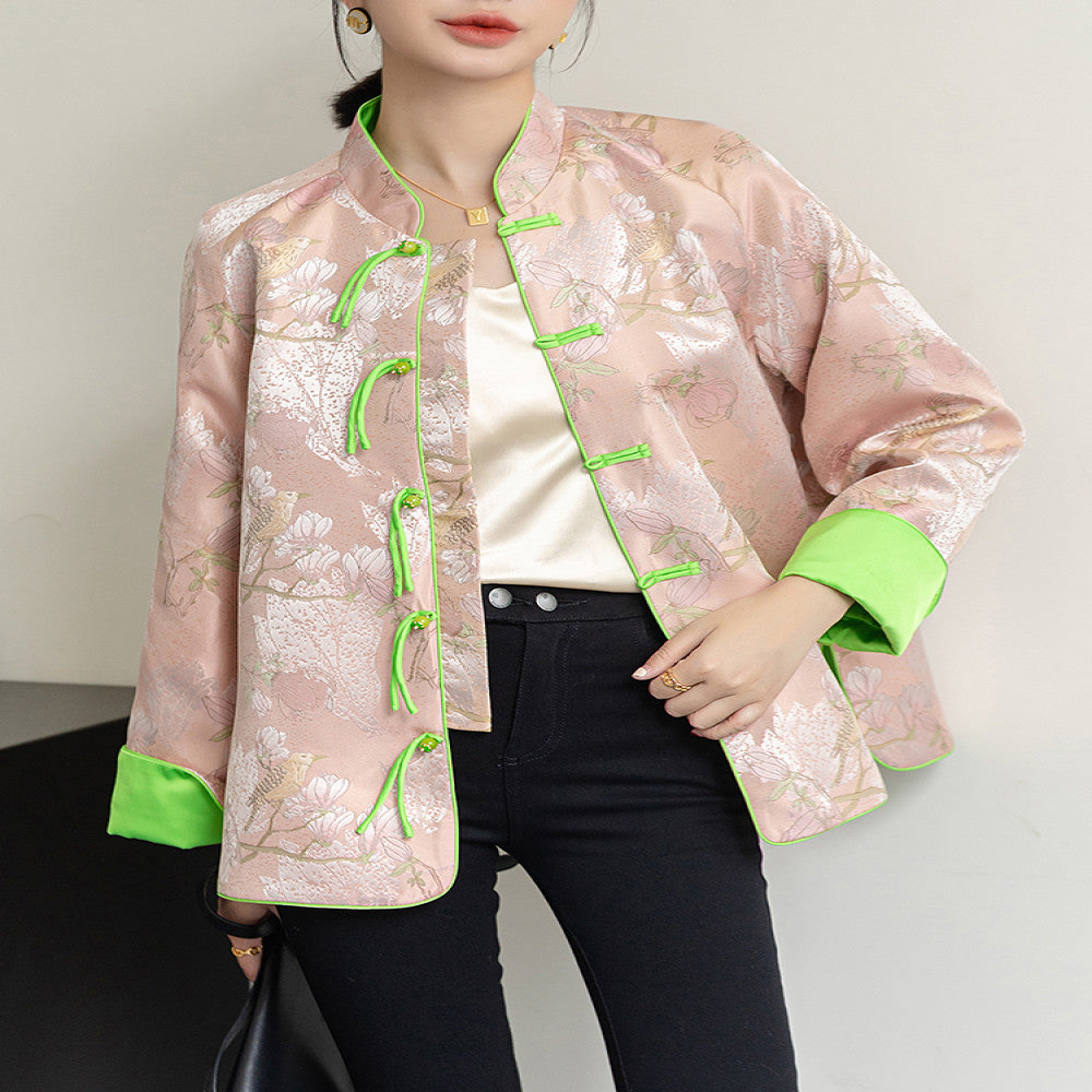 Pink retro jacquard woven satin top for women s autumn new design sense tassel buckle new Chinese style jacket Tang style trendy image 0