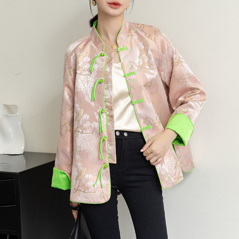 Pink retro jacquard woven satin top for women s autumn new design sense tassel buckle new Chinese style jacket Tang style trendy image 12
