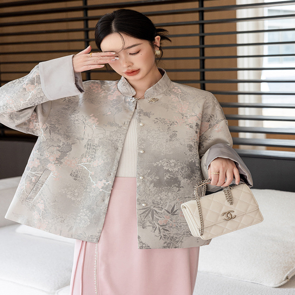 Chinese woven brocade Tang style top women s spring and autumn clothing design sense stand collar new Chinese style buckle short loose jacket image 1