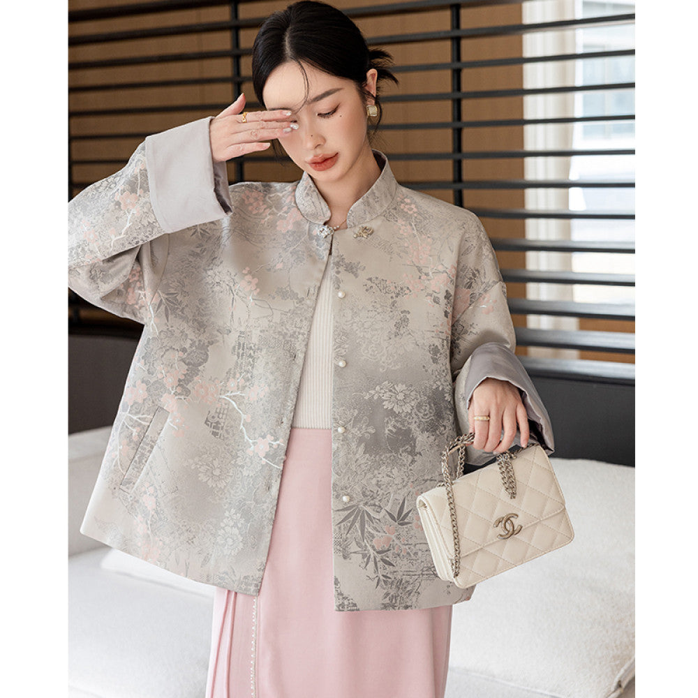 Chinese woven brocade Tang style top women s spring and autumn clothing design sense stand collar new Chinese style buckle short loose jacket image 14