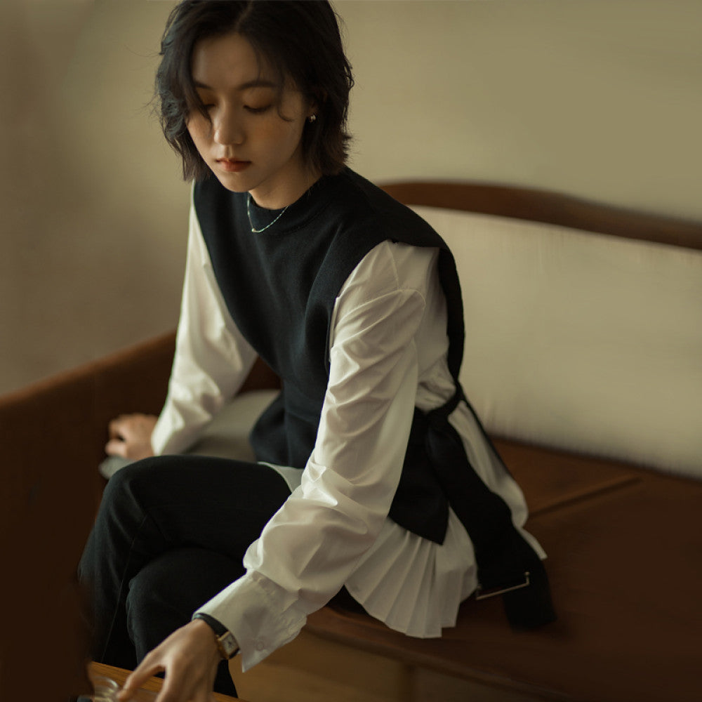 Wuwei Korean style literary 2025 autumn new women s casual temperament suit loose irregular pleated two piece suit image 1