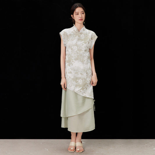 ASAYA4337 - Ink-Wash Jacquard Layered Qipao Dress 🌿🕊💫