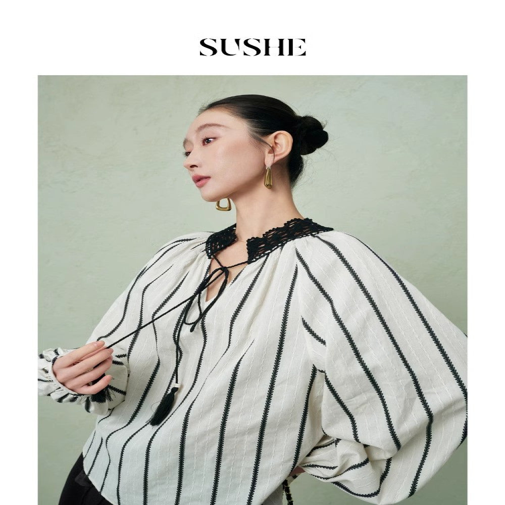 Shuxi SUSHE Xie Ying Vertical Stripe Texture Jacquard Contrasting Color Crochet Lace Collar Strap Tassel Shirt Dress image 3