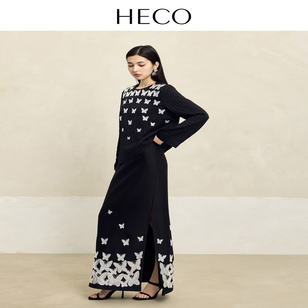HECO Yiluodiemeng New Chinese style acetate butterfly embroidery high waist straight skirt for women in autumn image 3