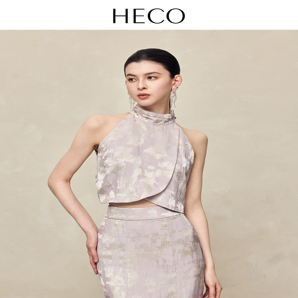 HECO Yunshan ink dyed new Chinese summer new product rayon cross slit pile collar vest top suit for women image 26