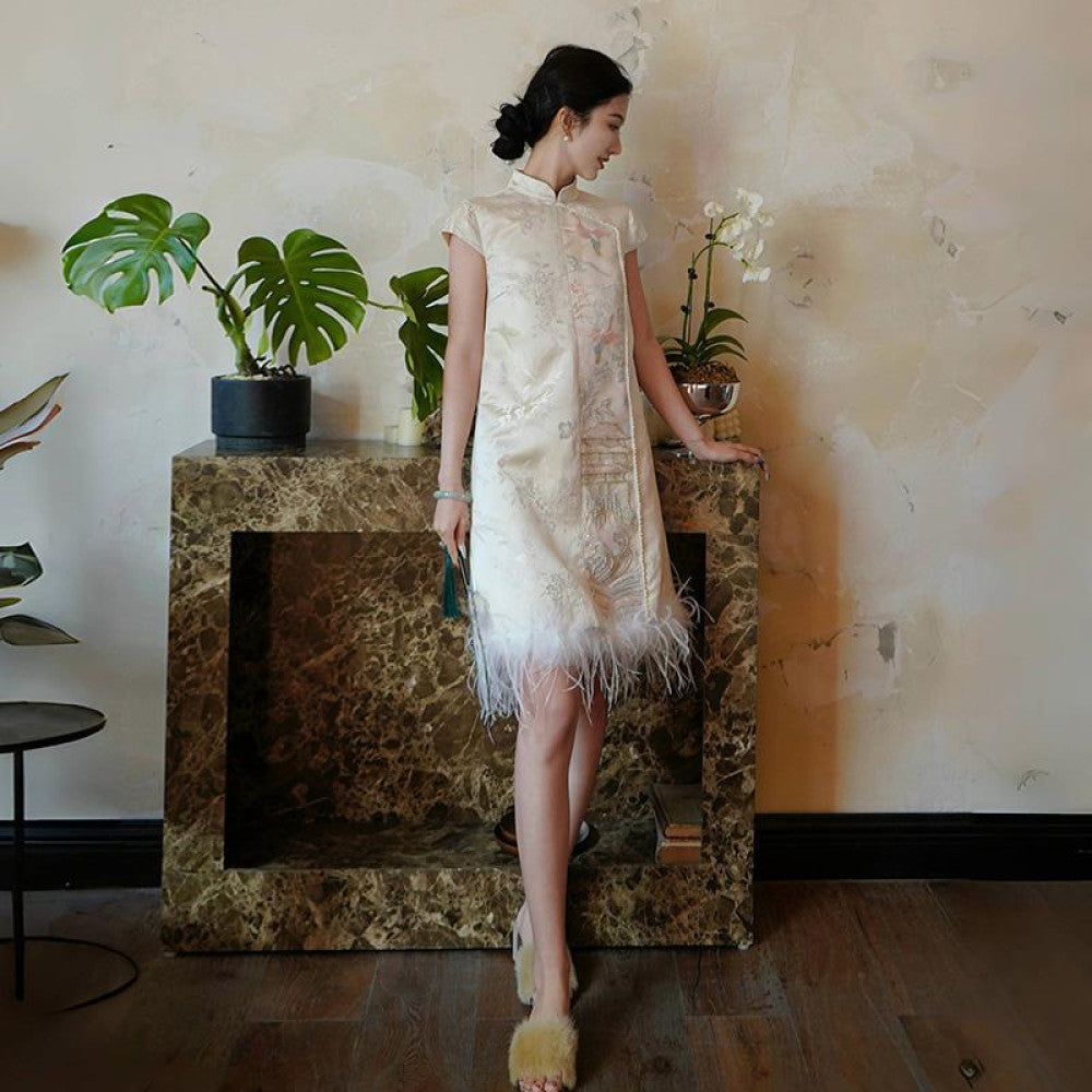 Chengyu Gaoding Yuling New Chinese Heavy Industry Yajin Full Hand Jacquard Embroidery Ostrich Hair Short Western Dress image 2