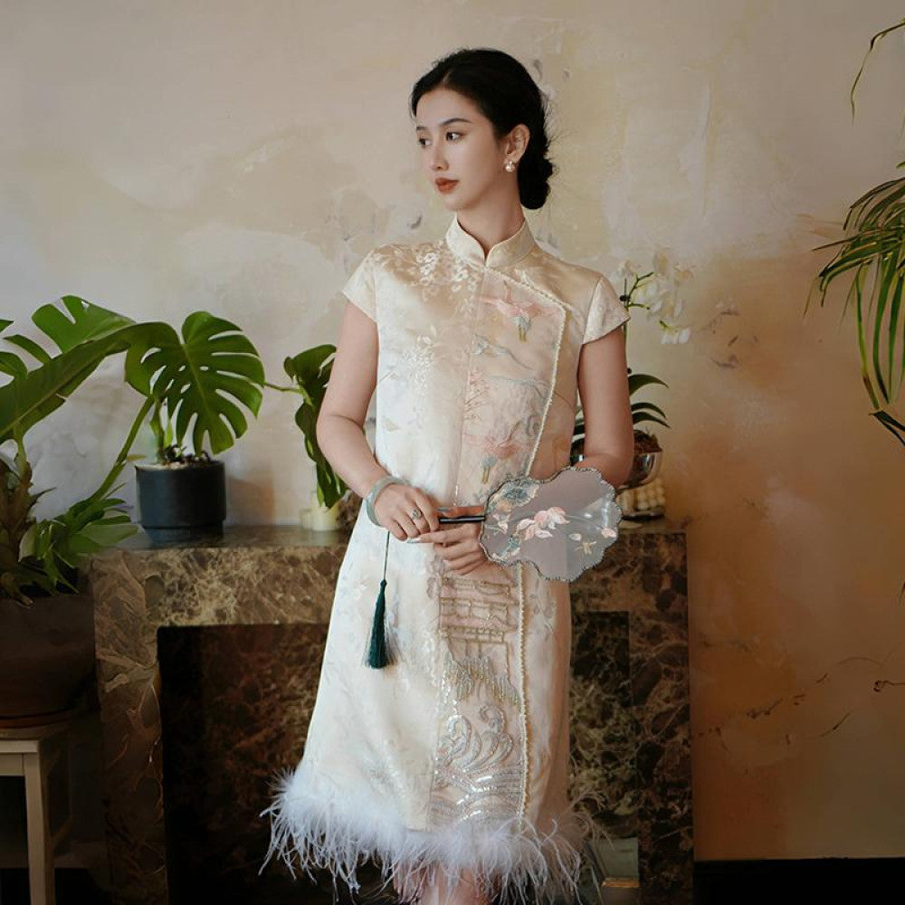 Chengyu Gaoding Yuling New Chinese Heavy Industry Yajin Full Hand Jacquard Embroidery Ostrich Hair Short Western Dress image 3