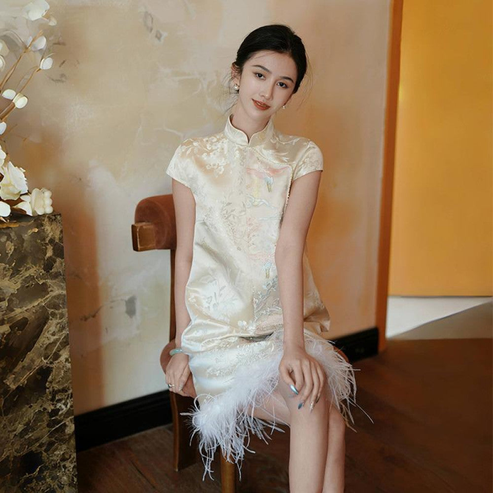 Chengyu Gaoding Yuling New Chinese Heavy Industry Yajin Full Hand Jacquard Embroidery Ostrich Hair Short Western Dress image 4