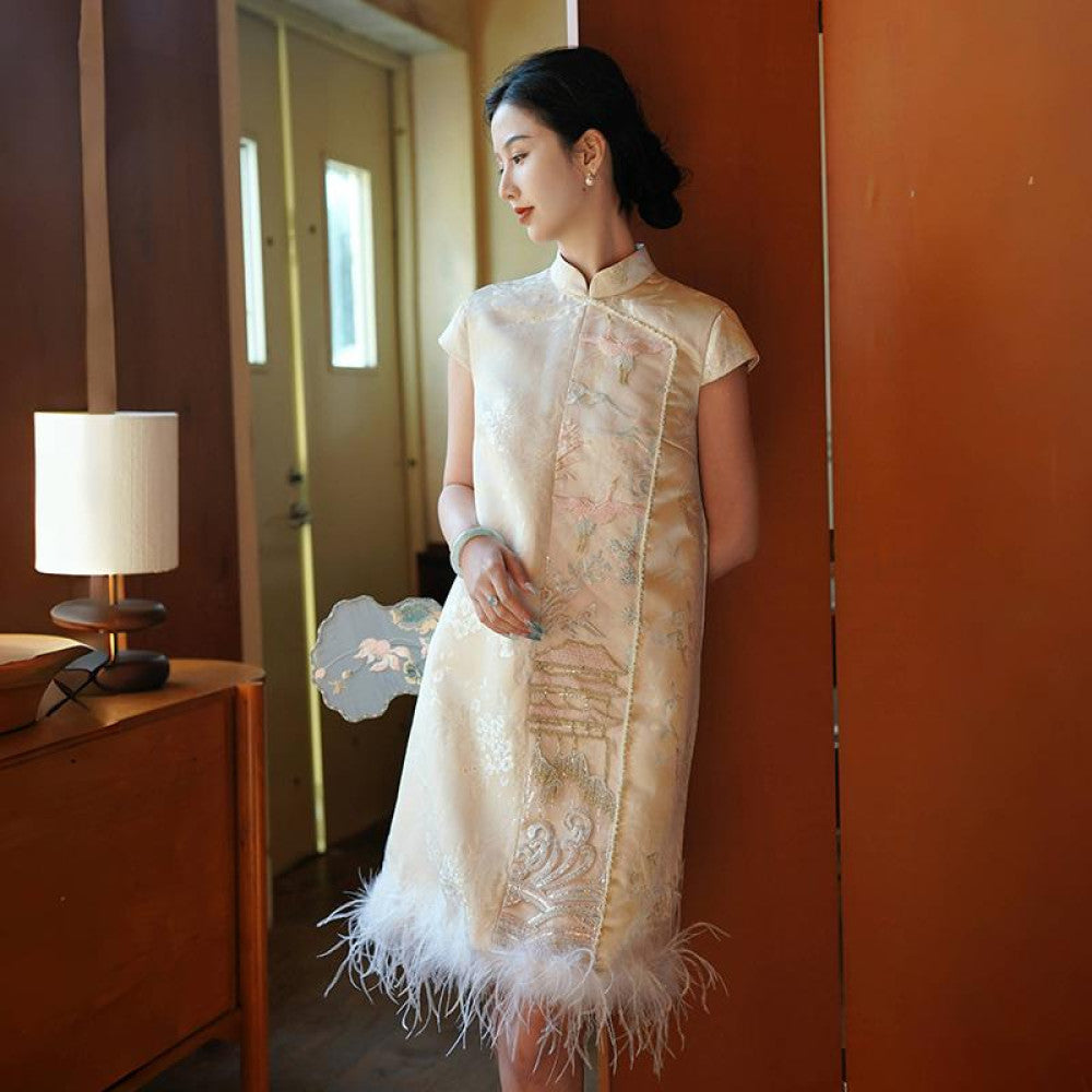 Chengyu Gaoding Yuling New Chinese Heavy Industry Yajin Full Hand Jacquard Embroidery Ostrich Hair Short Western Dress image 21