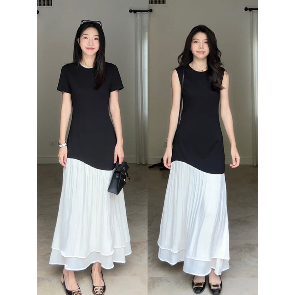 Guo Jiuni s French style design simple color blocking small A line waist hugging dress summer slimming long skirt image 0