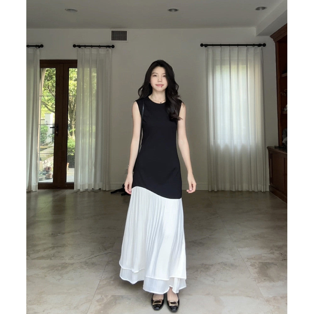 Guo Jiuni s French style design simple color blocking small A line waist hugging dress summer slimming long skirt image 9