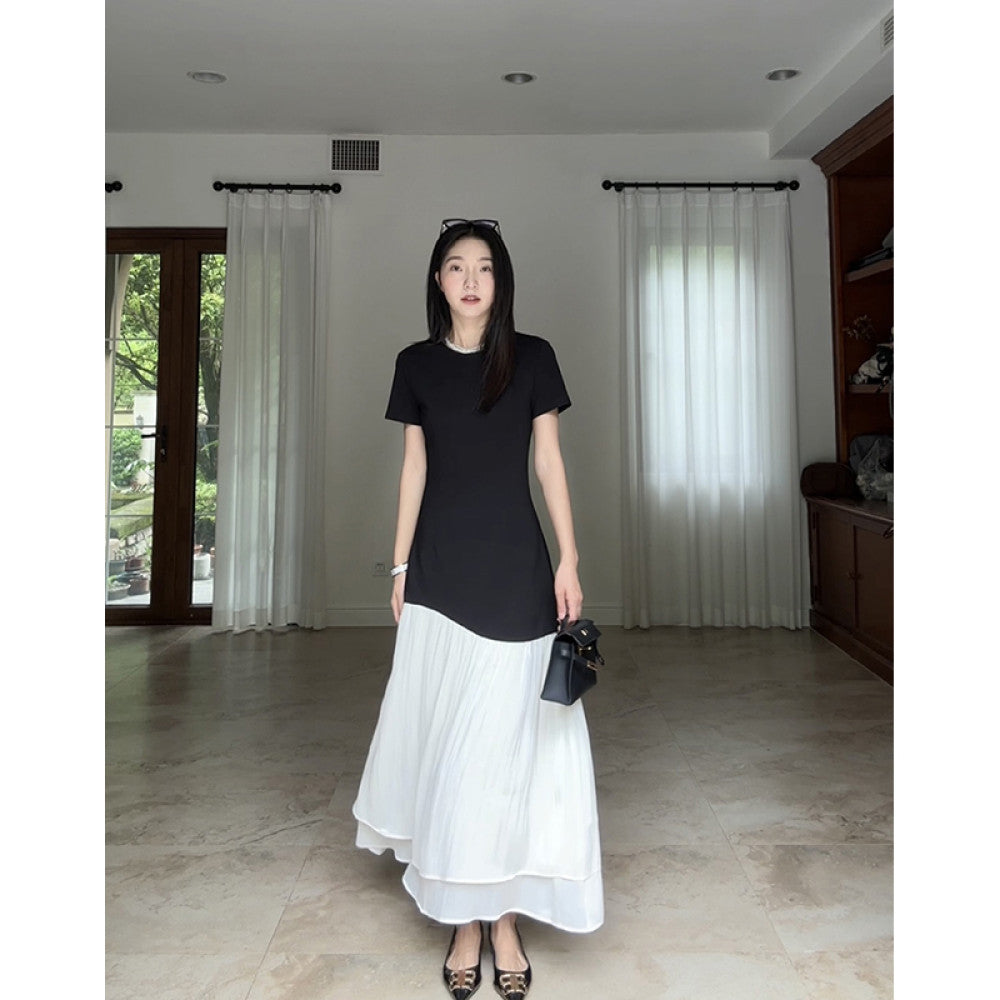 Guo Jiuni s French style design simple color blocking small A line waist hugging dress summer slimming long skirt image 25
