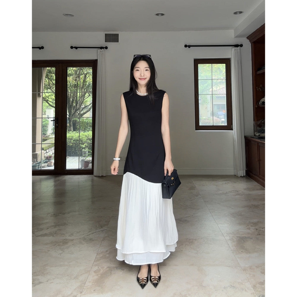 Guo Jiuni s French style design simple color blocking small A line waist hugging dress summer slimming long skirt image 34