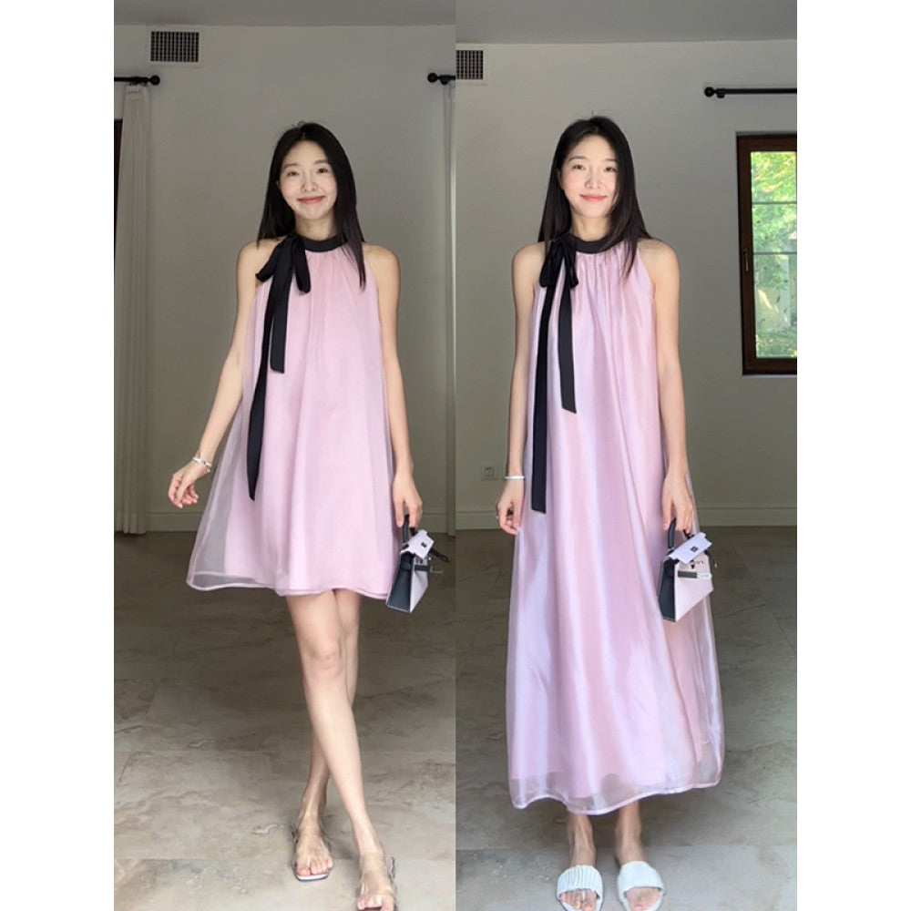 Guo Jiujiu s gentle style high end satin powder pearl yarn lace up vest camisole skirt summer long skirt image 0