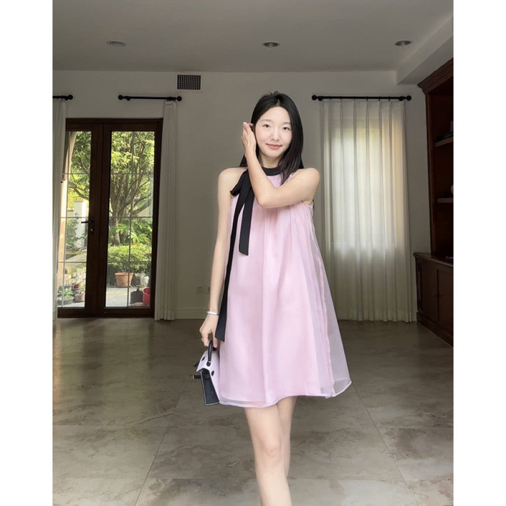 Guo Jiujiu s gentle style high end satin powder pearl yarn lace up vest camisole skirt summer long skirt image 13