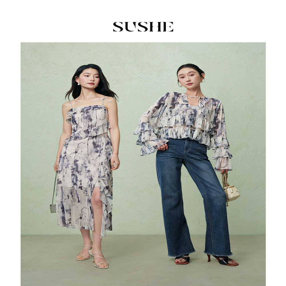 SUSHE Dusk French romantic graphite smudged mesh ruffled shirt suspender dress female autumn image 3