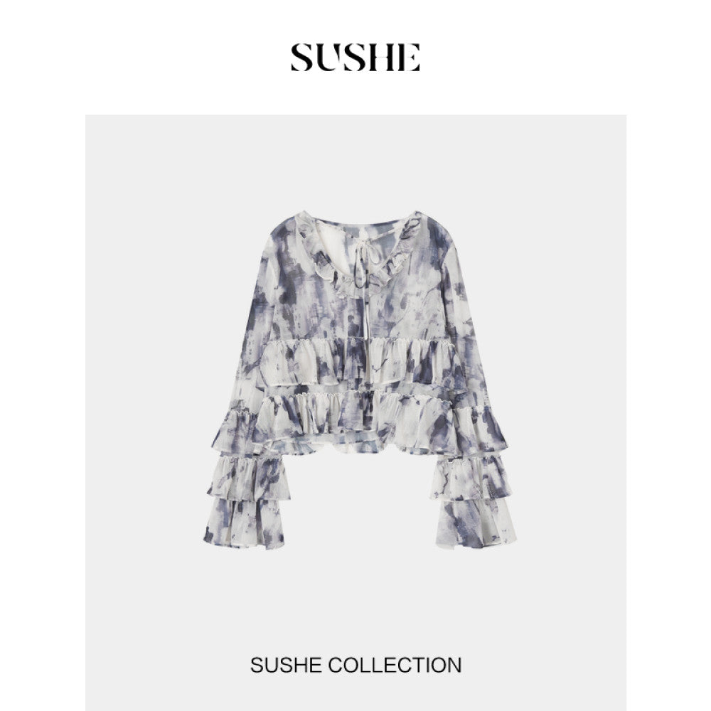 SUSHE Dusk French romantic graphite smudged mesh ruffled shirt suspender dress female autumn image 10