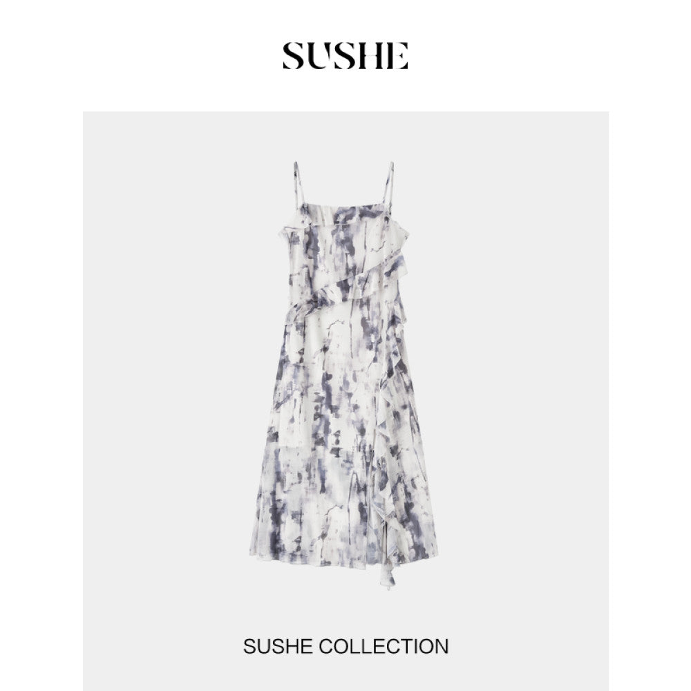 SUSHE Dusk French romantic graphite smudged mesh ruffled shirt suspender dress female autumn image 15