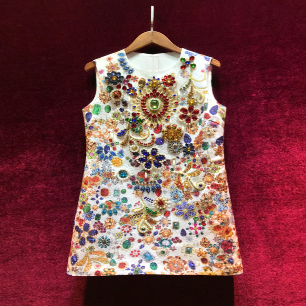 Light luxury heavy beaded diamond dress high end palace style A line skirt high end luxury skirt temperament socialite image 6