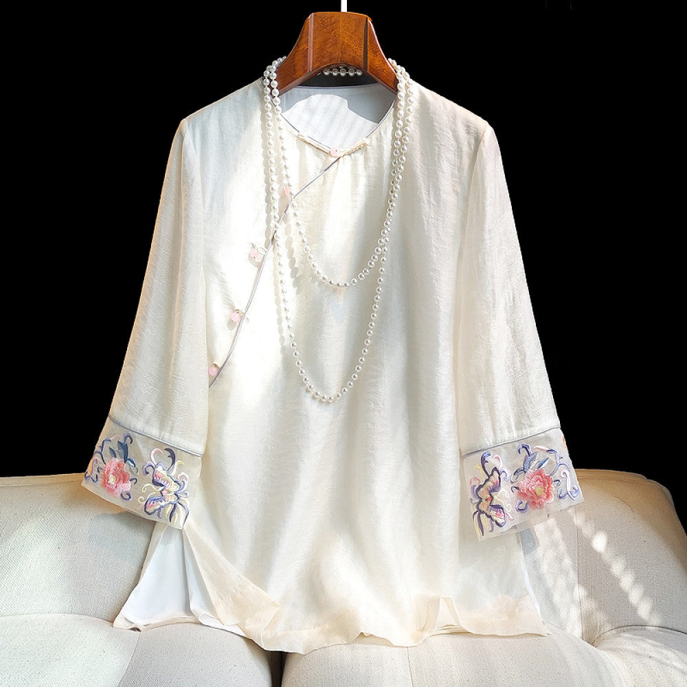 Fashionable new Chinese style retro jacquard five quarter sleeved shirt for women in summer improved new Chinese style slanted collar embroidered button top image 14
