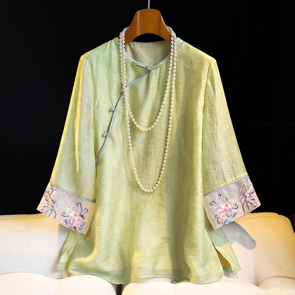 Fashionable new Chinese style retro jacquard five quarter sleeved shirt for women in summer improved new Chinese style slanted collar embroidered button top image 16