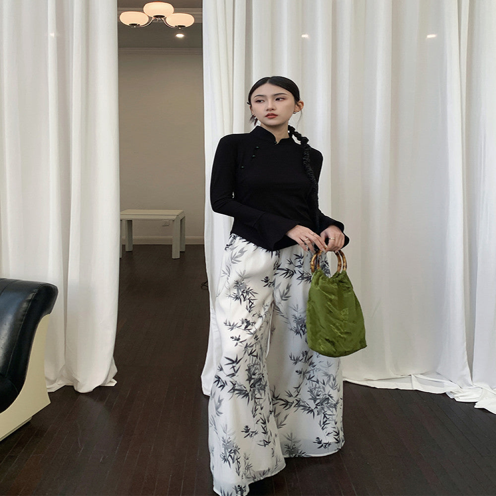 Jiexiang Manchunqu 25 Spring New Chinese Style Ink Printed Wide leg Pants Women s Spring High waisted Drape Casual Pants image 0