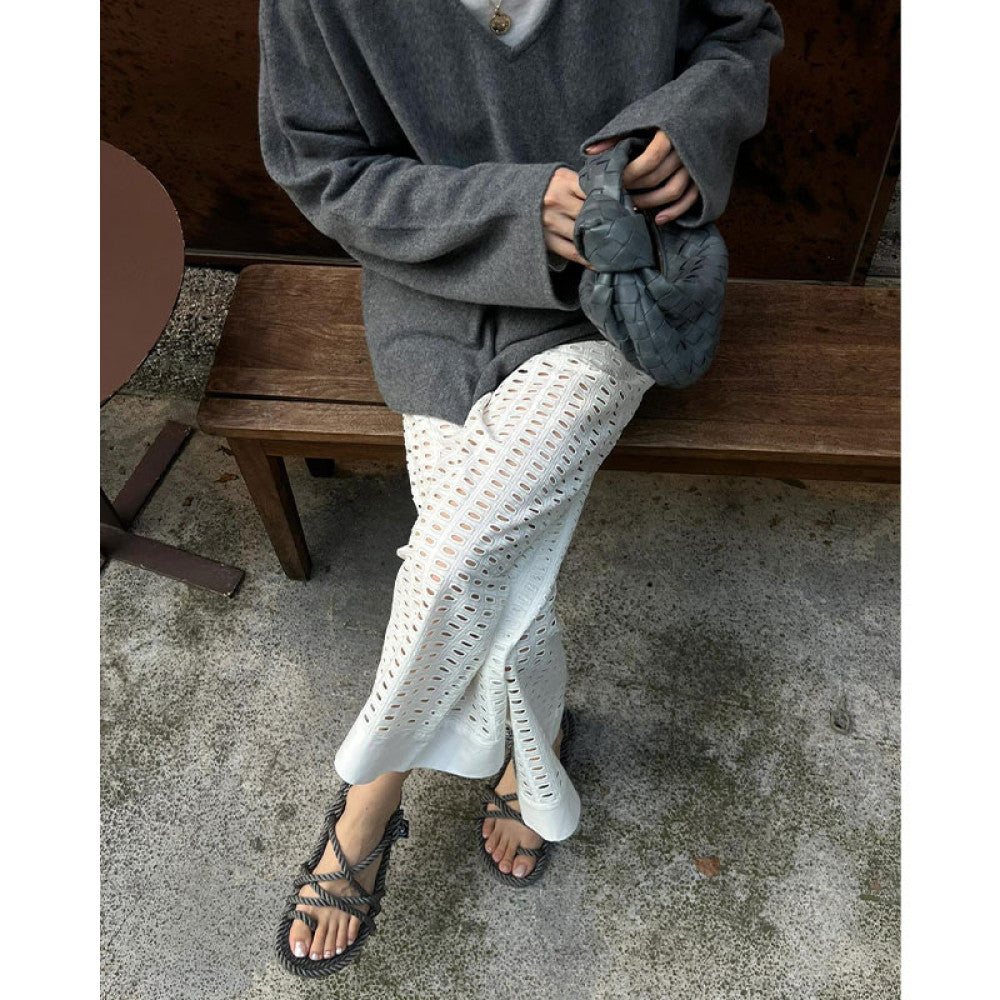 Japanese white lazy Yamamoto pants for early autumn short with hollowed out holes slightly flared casual wide leg pants for women image 10