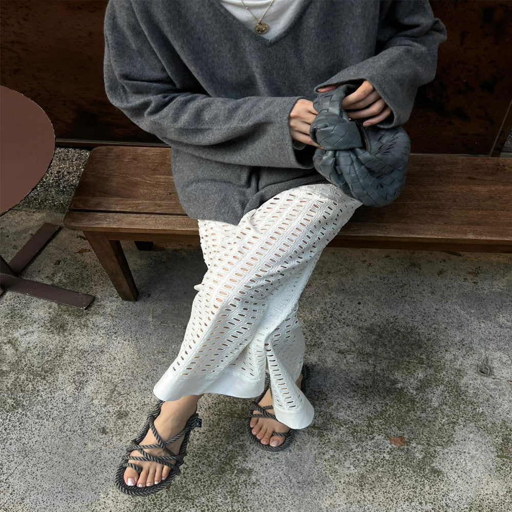 Japanese white lazy Yamamoto pants for early autumn short with hollowed out holes slightly flared casual wide leg pants for women image 14