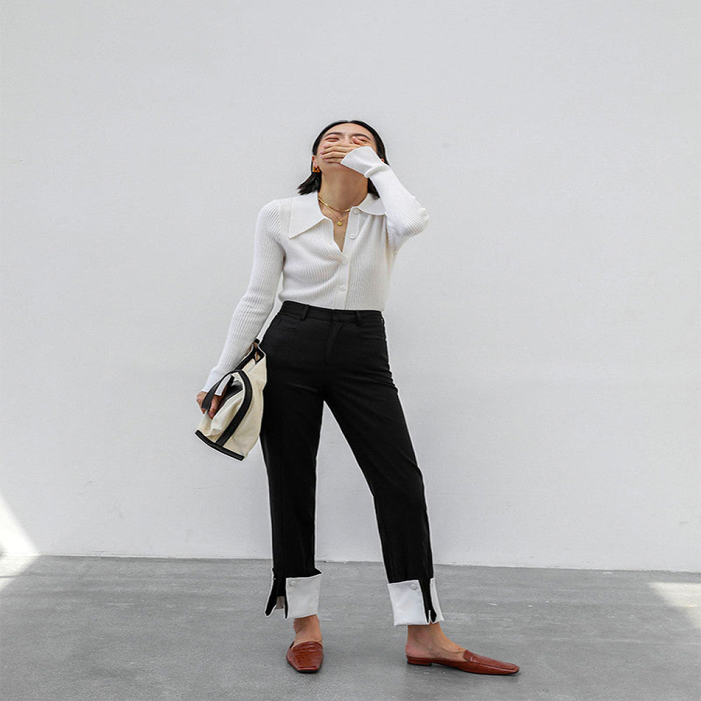 Due to the contrasting colors the loose straight leg pants with folded edges are designed to be split and worn twice making them slim for commuting and high waisted casual pants for autumn image 17