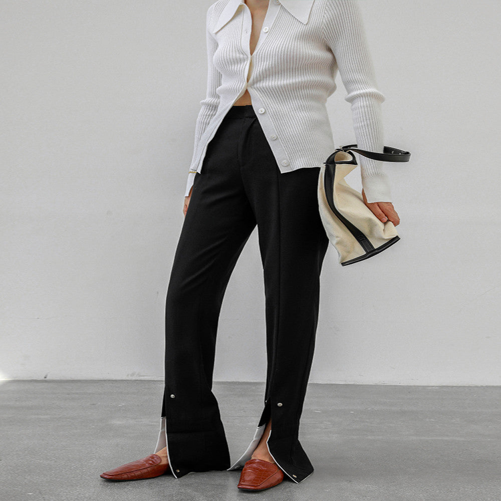 Due to the contrasting colors the loose straight leg pants with folded edges are designed to be split and worn twice making them slim for commuting and high waisted casual pants for autumn image 18