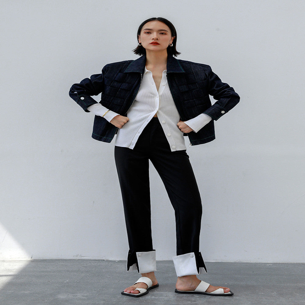 Due to the contrasting colors the loose straight leg pants with folded edges are designed to be split and worn twice making them slim for commuting and high waisted casual pants for autumn image 19