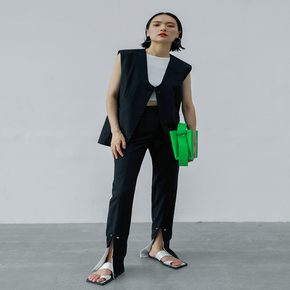 Due to the contrasting colors the loose straight leg pants with folded edges are designed to be split and worn twice making them slim for commuting and high waisted casual pants for autumn image 20