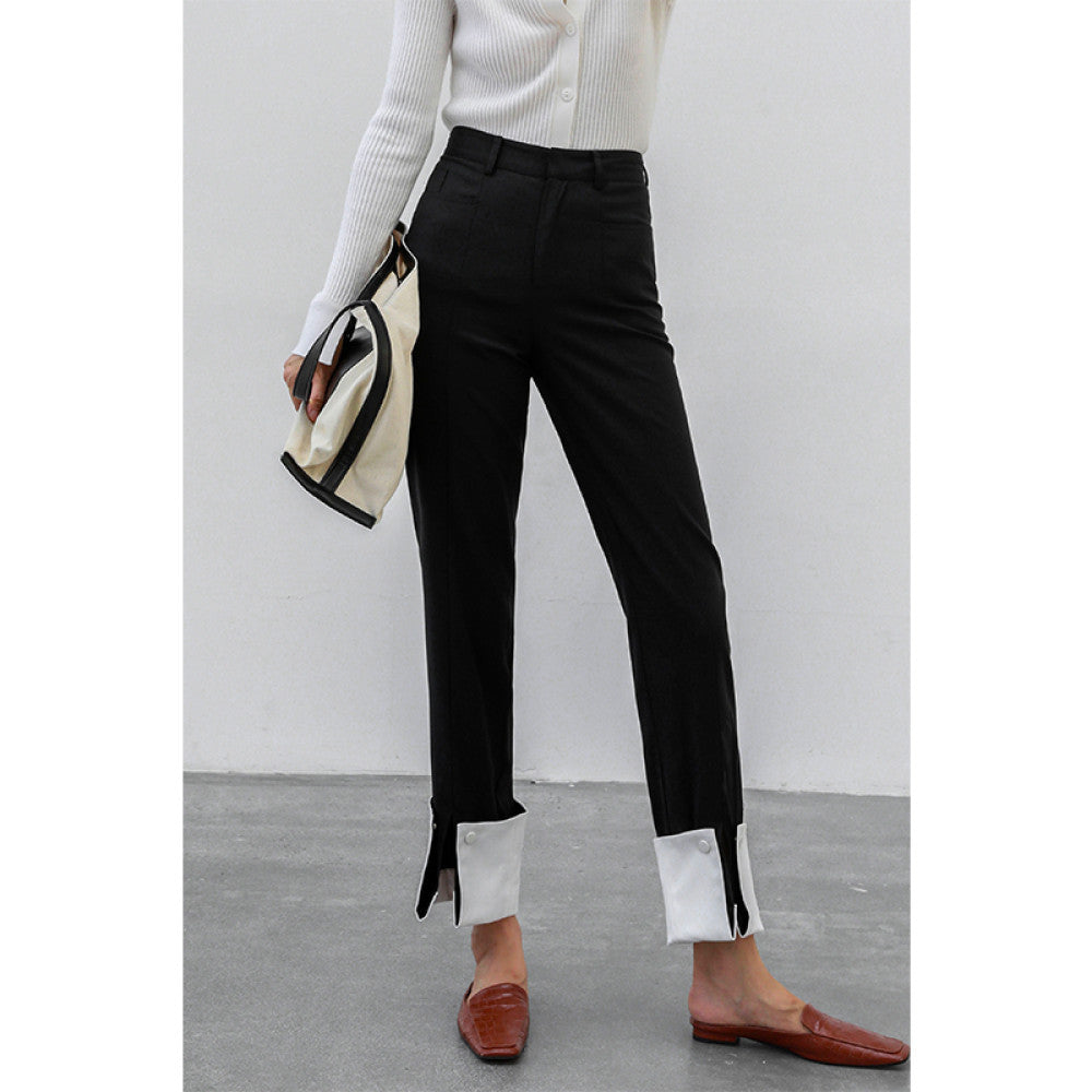 Due to the contrasting colors the loose straight leg pants with folded edges are designed to be split and worn twice making them slim for commuting and high waisted casual pants for autumn image 14