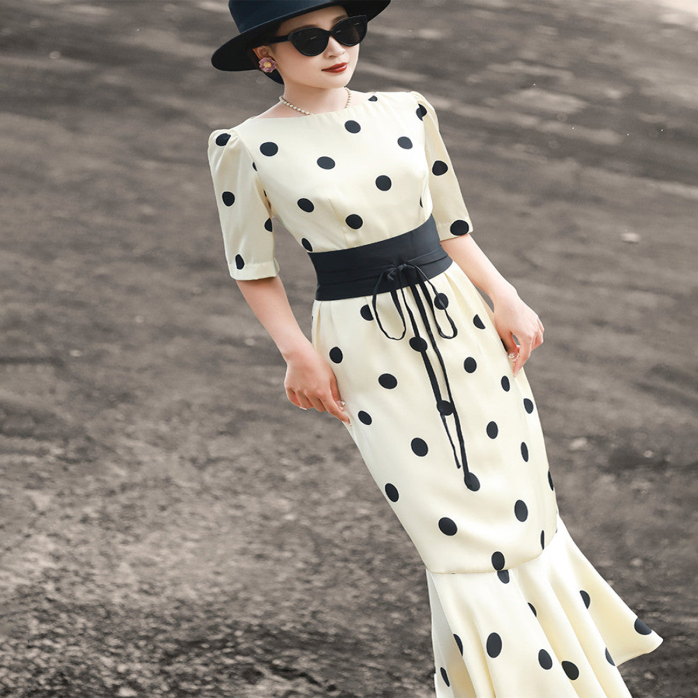 Lanser 2025 Summer New Style French Retro Waist Strap Wave Point Imitation Acetate Fish Tail Dress for Women image 13