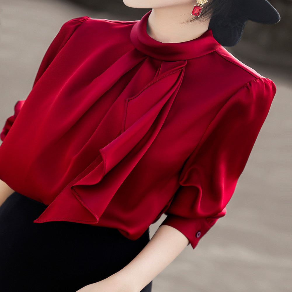 Lanser 2025 autumn new style temperament commuting simple ribbon stand up collar shirt long sleeved satin shirt top for women image 9