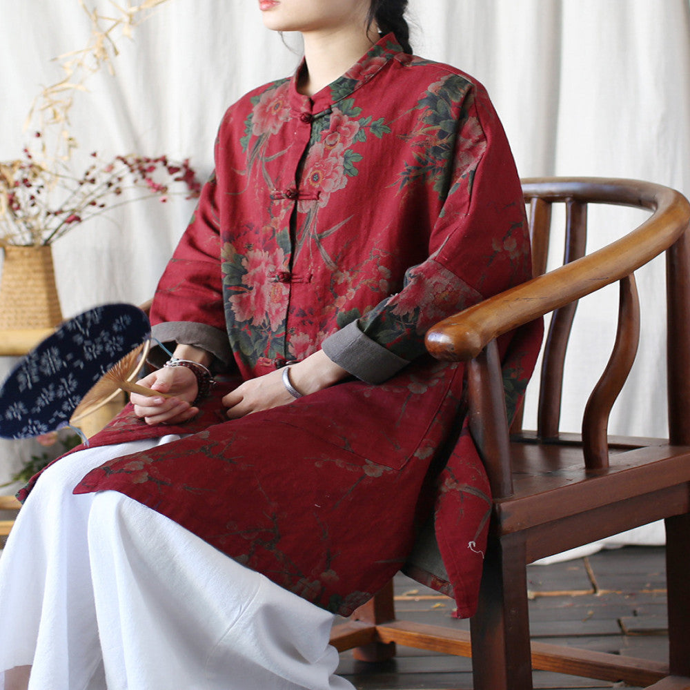 Spring and Autumn ethnic style women s mid to long length shirt top made of old stand up collar with buckle oversized loose long sleeved cardigan jacket image 1