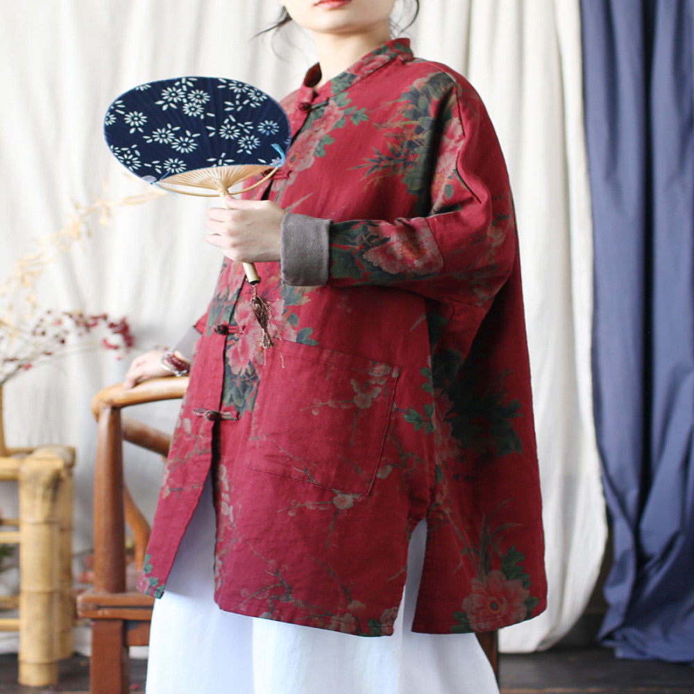 Spring and Autumn ethnic style women s mid to long length shirt top made of old stand up collar with buckle oversized loose long sleeved cardigan jacket image 3