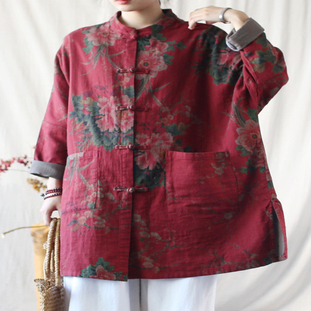 Spring and Autumn ethnic style women s mid to long length shirt top made of old stand up collar with buckle oversized loose long sleeved cardigan jacket image 5