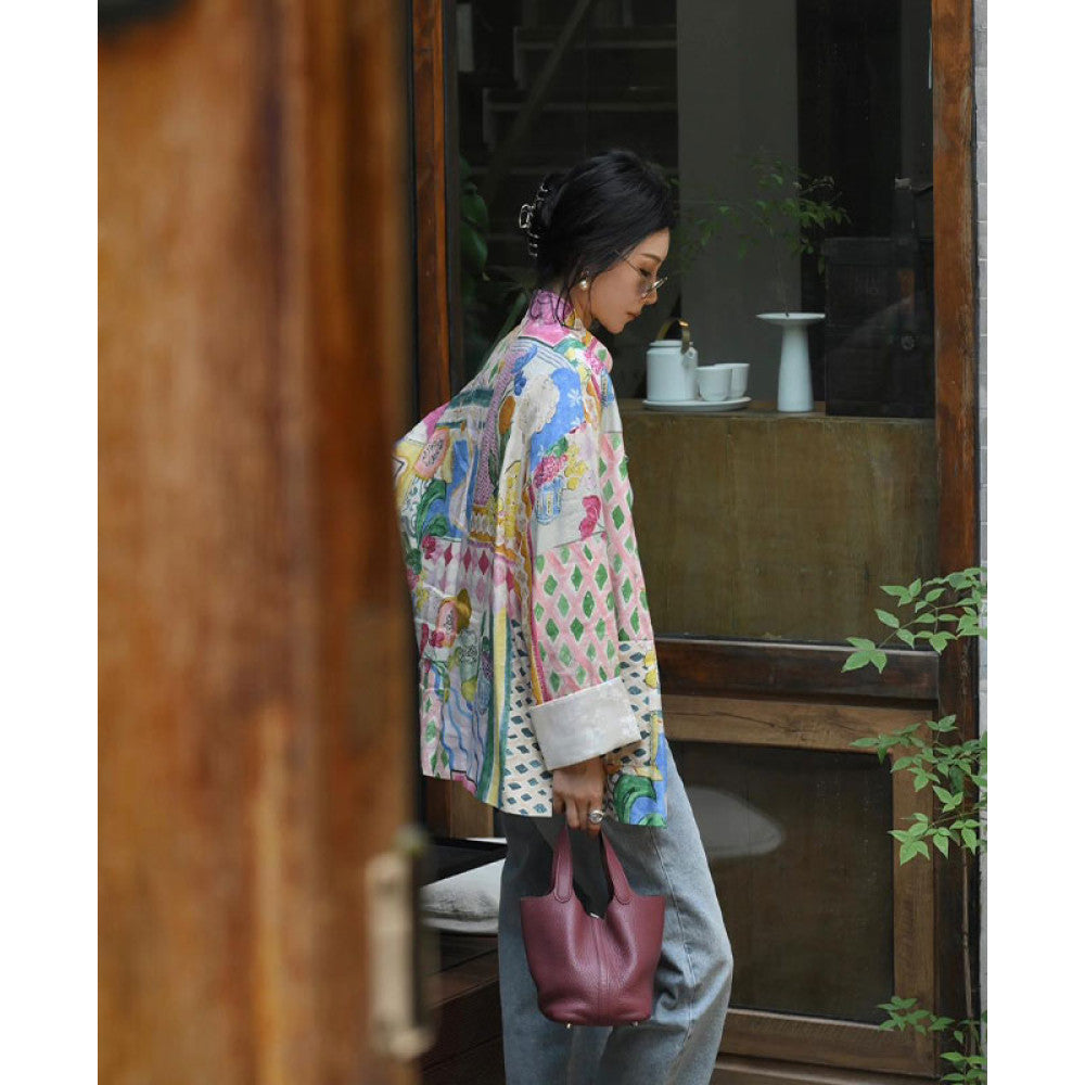 New Chinese style light Chinese style colorful oil painting long sleeved button down shirt top for women s early autumn new dopamine shirt jacket image 4