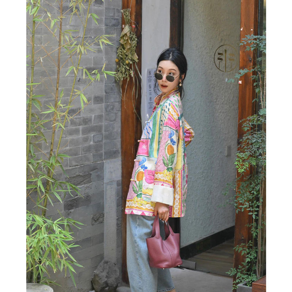 New Chinese style light Chinese style colorful oil painting long sleeved button down shirt top for women s early autumn new dopamine shirt jacket image 13