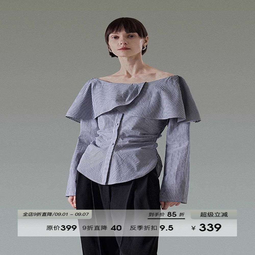 UNSPOKEN One Shoulder Lace Striped Shirt for Women Autumn 2025 New Collection High End Waist Style Long Sleeve Top image 1