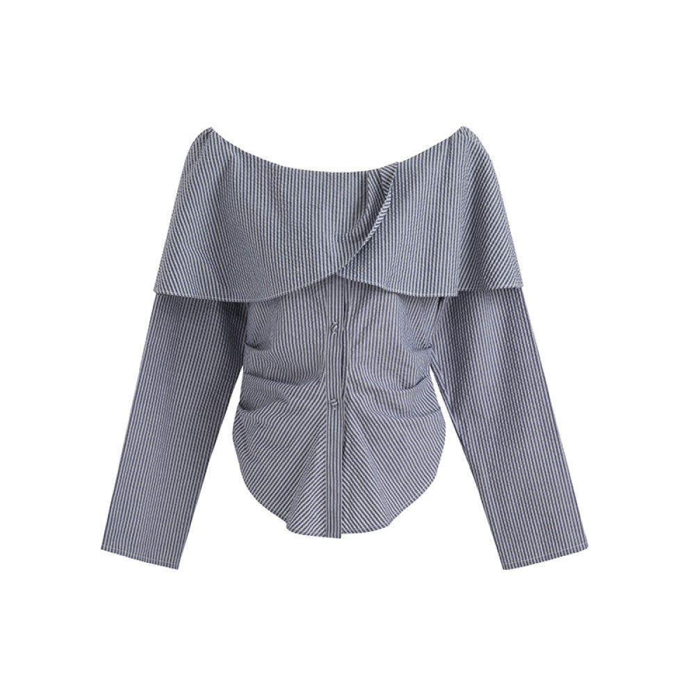 UNSPOKEN One Shoulder Lace Striped Shirt for Women Autumn 2025 New Collection High End Waist Style Long Sleeve Top image 7