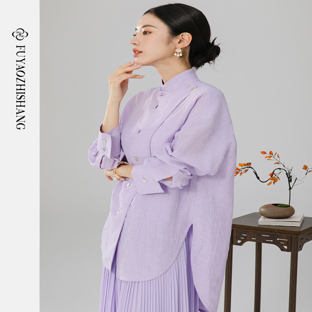 FUYAO Chinese style women s autumn simple and elegant top antique purple shirt new Chinese pleated skirt two piece set image 2
