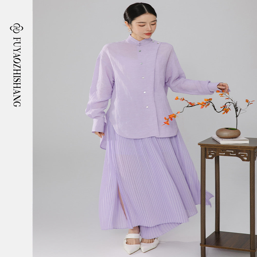 FUYAO Chinese style women s autumn simple and elegant top antique purple shirt new Chinese pleated skirt two piece set image 4