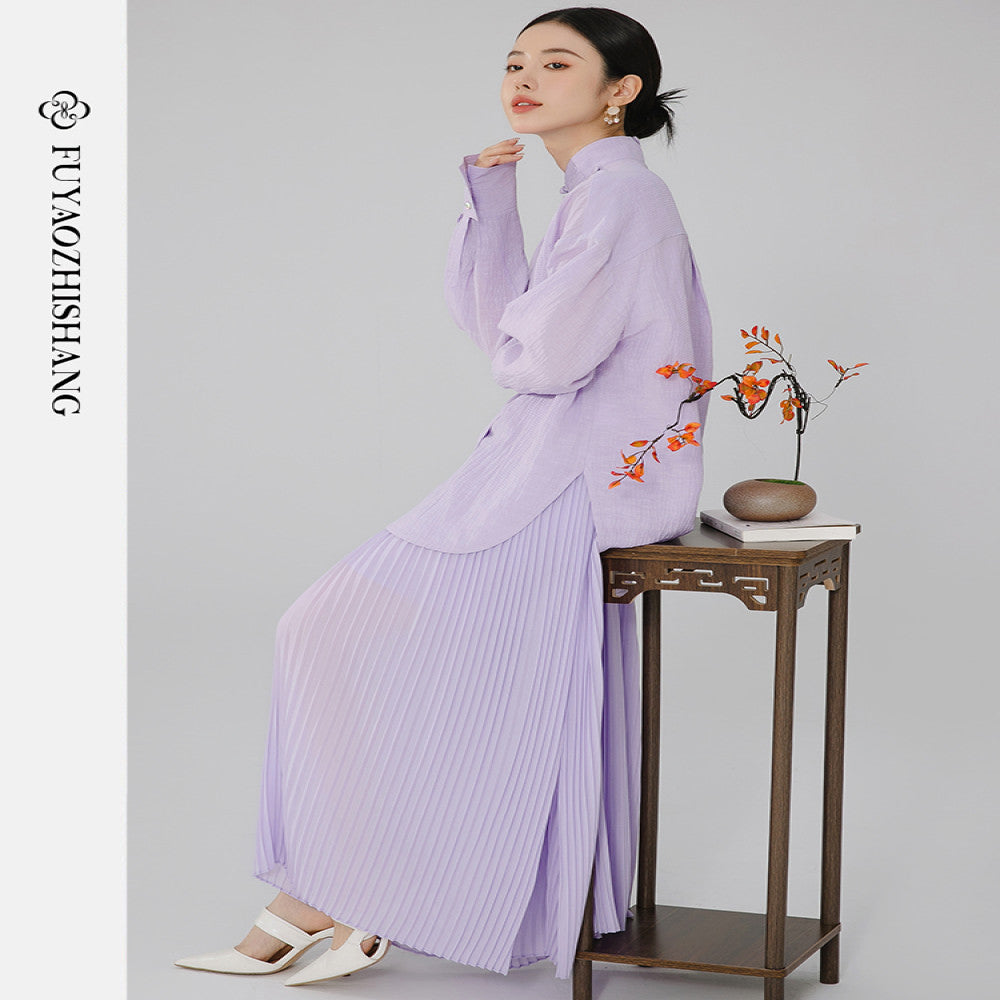 FUYAO Chinese style women s autumn simple and elegant top antique purple shirt new Chinese pleated skirt two piece set image 0