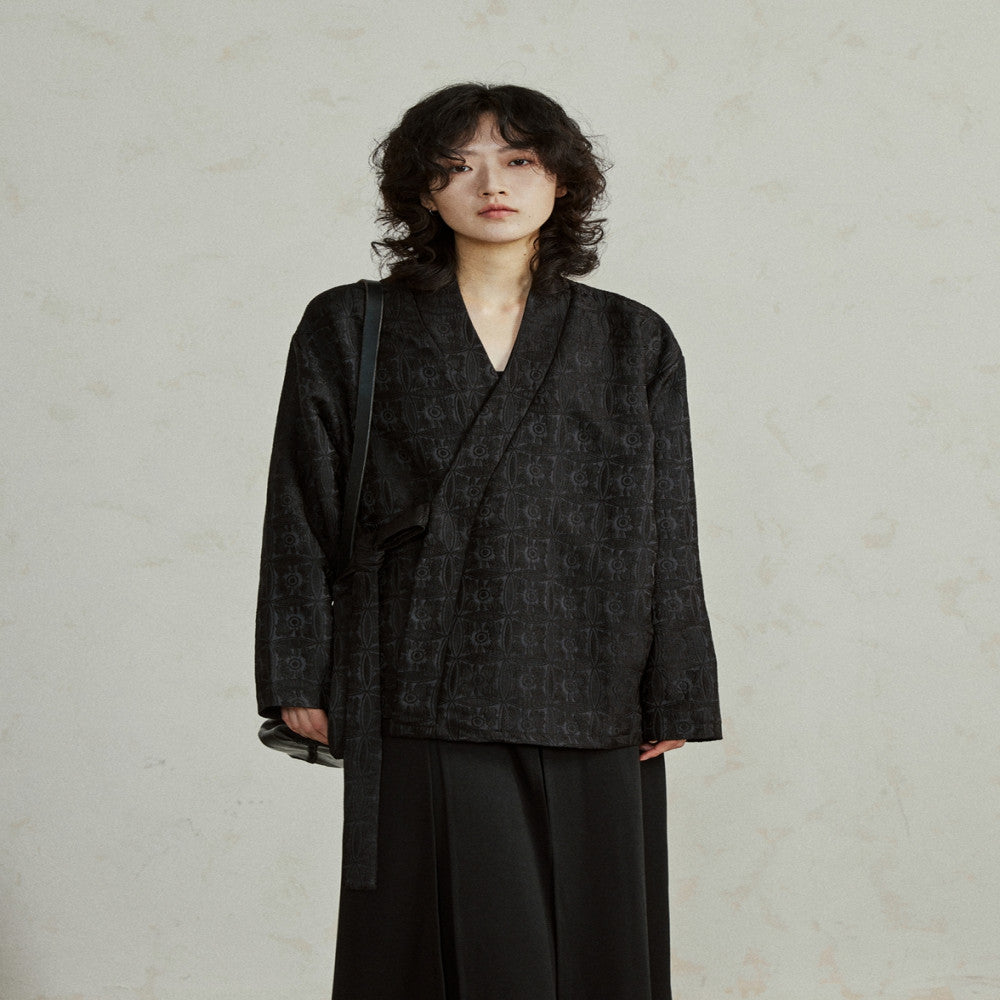 SUNYVONNE A niche design new Chinese Zen style slanted collar V neck long sleeved jacquard dark patterned lace up loose shirt image 2